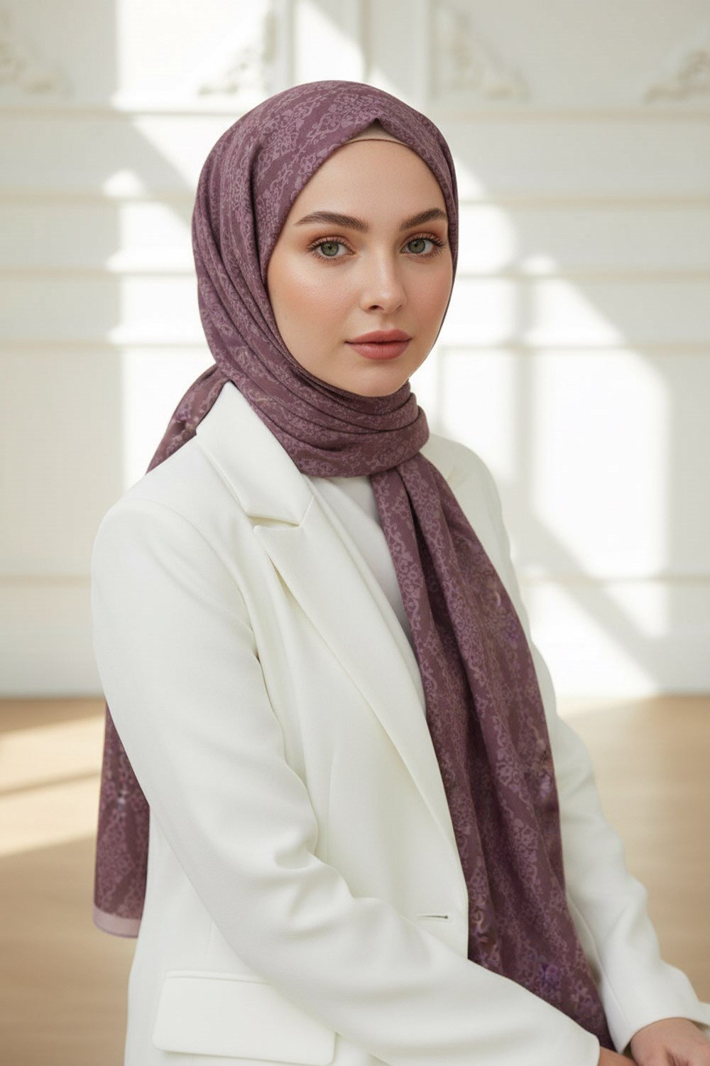KREP BAROK DESENLİ PUDRA RENKLİ KIRIŞMAZ ŞAL