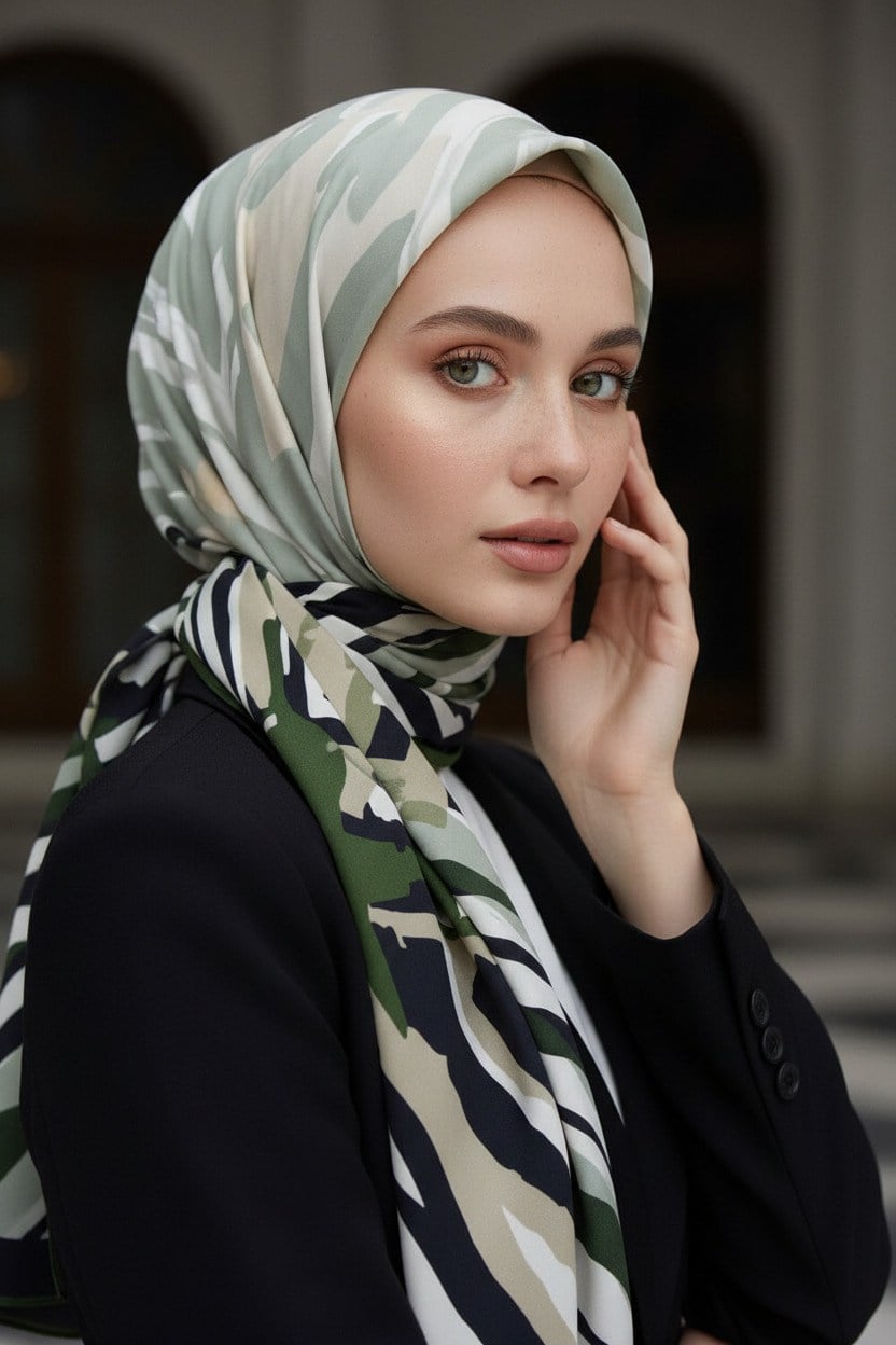 KREP ZEBRA VE ÇİÇEK DESENLİ ZÜMRÜT YEŞİLİ RENKLİ 75X195 KIRIŞMAZ ŞAL