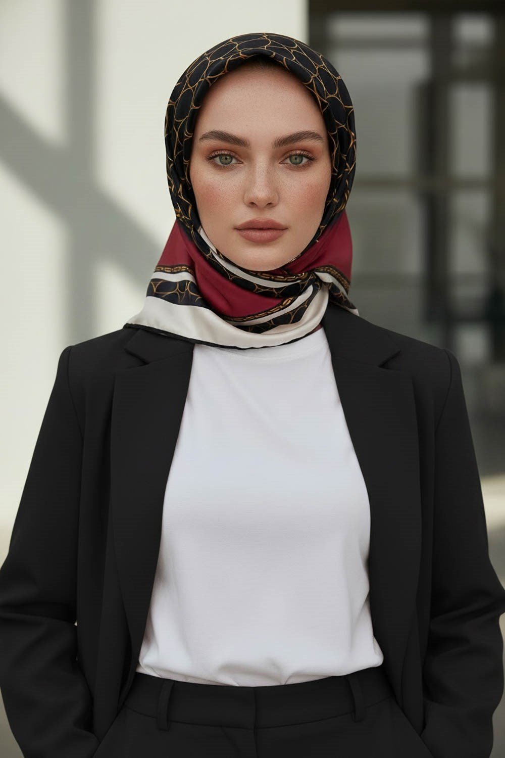 % 57 İPEK % 43 VİSKON Twill İpek Gold Halka Desenli Bordo - Siyah Renkli 90x90 Eşarp Dikim Şekli : El Dikişi