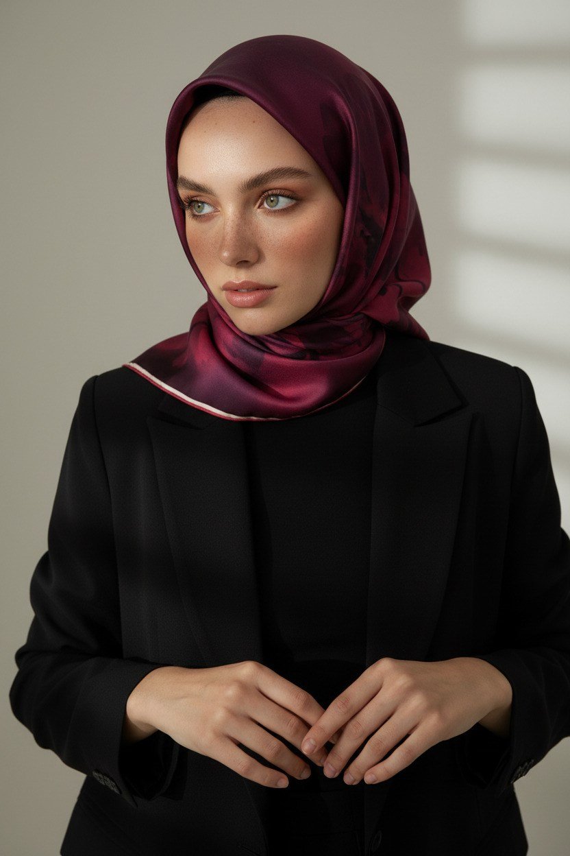 100% Twill İpek Çiçek Desenli Bordo Renkli 90x90 Dikim Şekli : El Dikişi Eşarp
