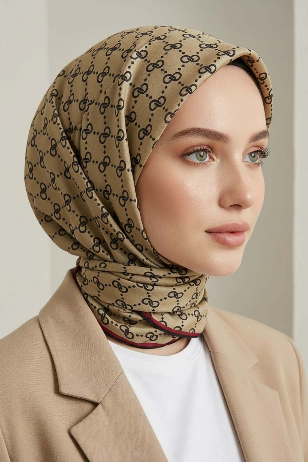 %57 İPEK %43 VİSKON Twill İpek Leopar Desenli Siyah - Bej Renkli 90x90 Eşarp Dikim Şekli : El Dikişi
