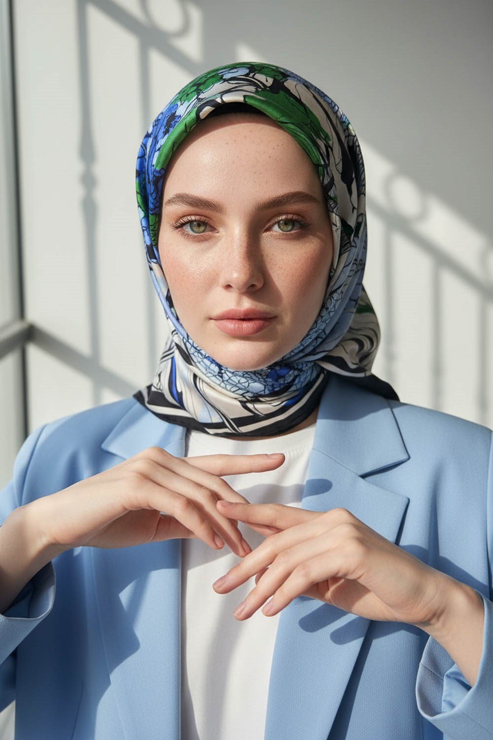 %100 Twill İpek Yaprak Desenli Saks - Zümrüt Yeşili Renkli 90x90 Eşarp Dikim Şekli : El Dikişi