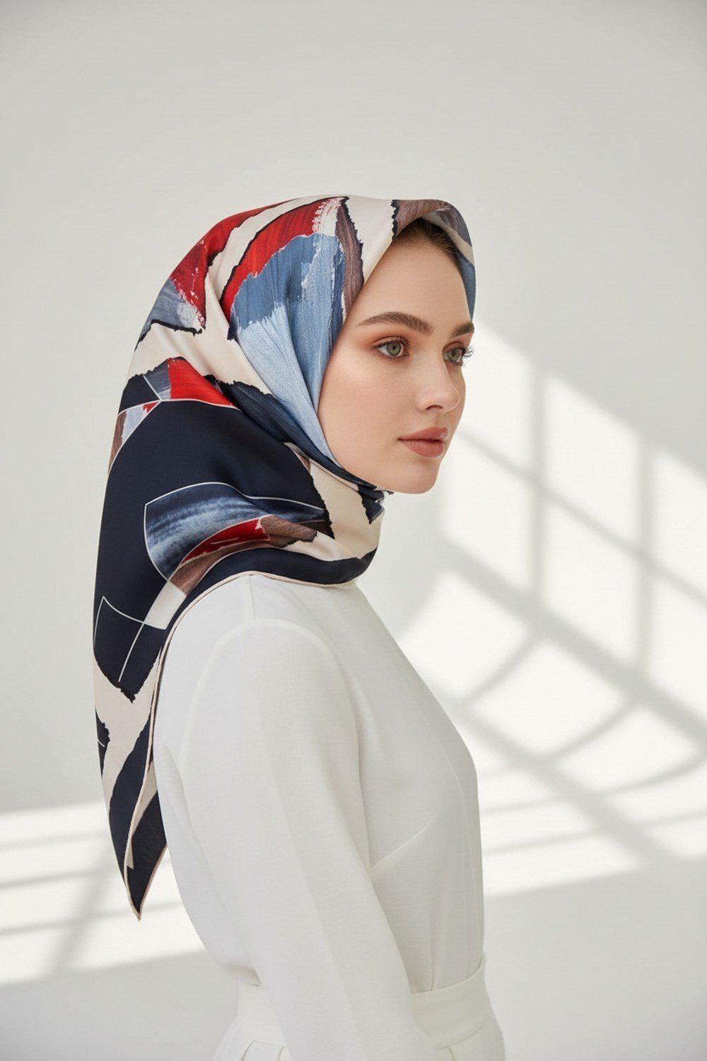 %100 Twill İpek Geometrik Desenli Lacivert - Kırmızı Renkli 90x90 Eşarp Dikim Şekli : El Dikişi