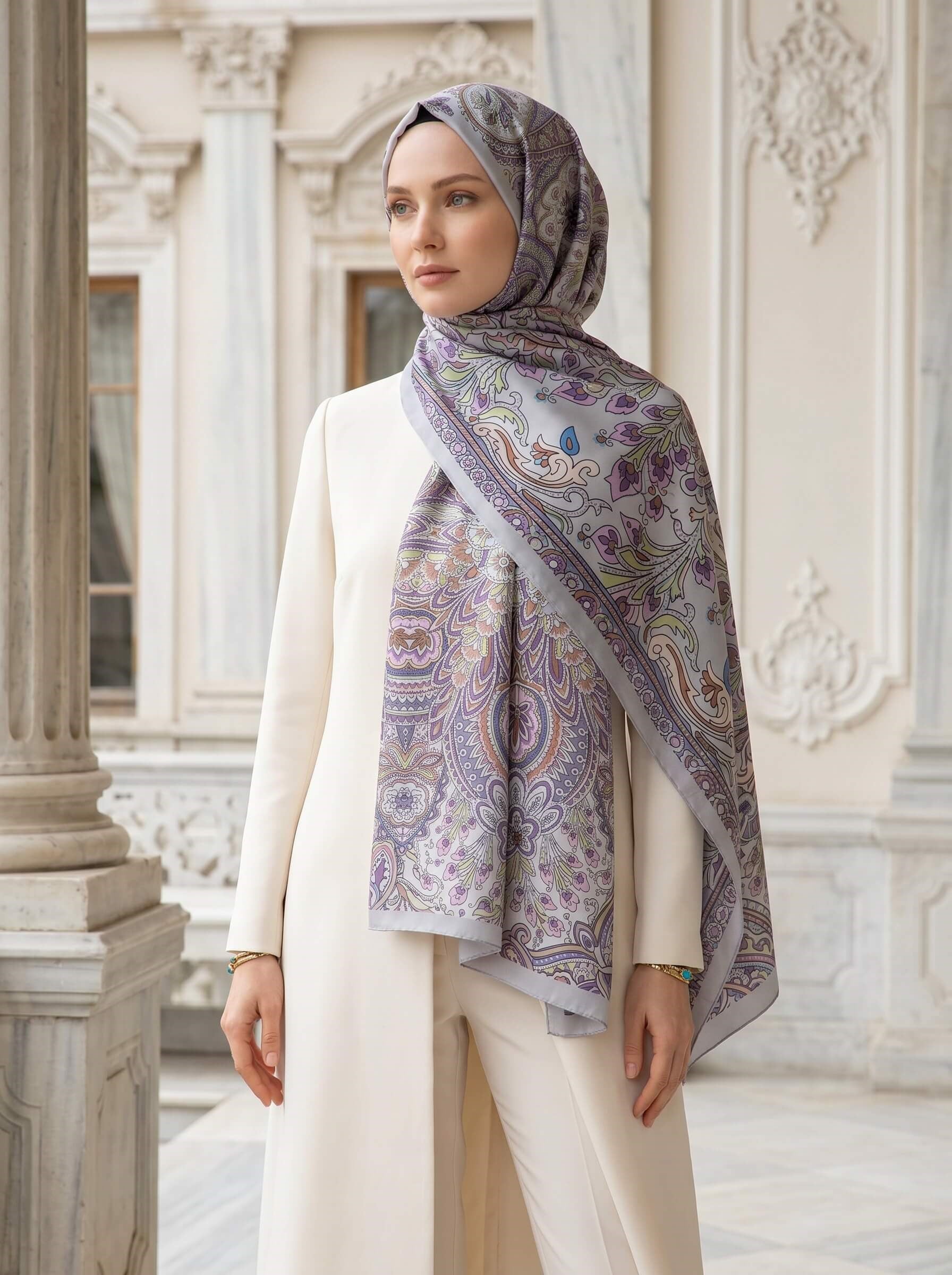 %100 Saf İpek Şal İnce Saten Vual Dokuma Etnik Desenli Gri - Taba Renkli 90x210 Şal