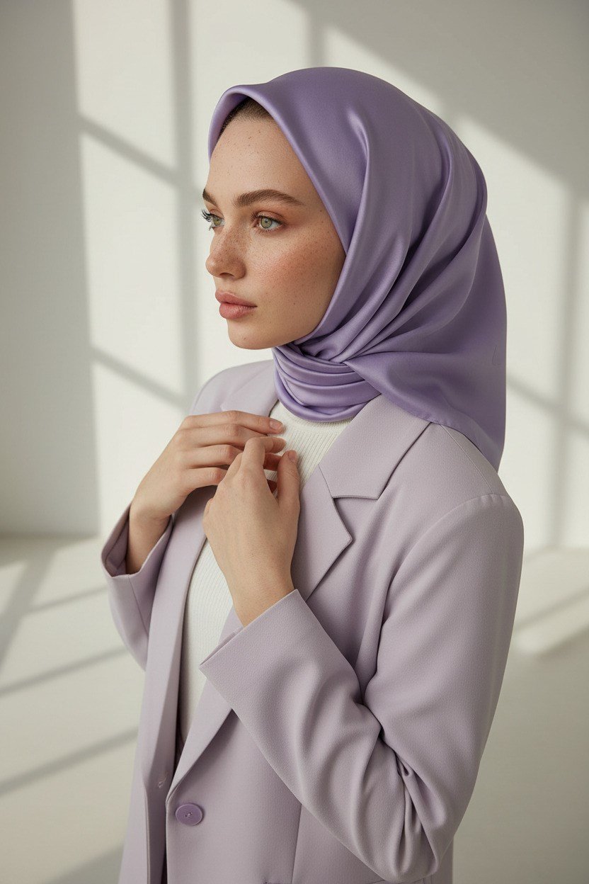 Viskon Twill İpek Eşarp 90x90 Kirli Lila Düz Renk Az Hatalı El Dikişli Kadın Eşarp