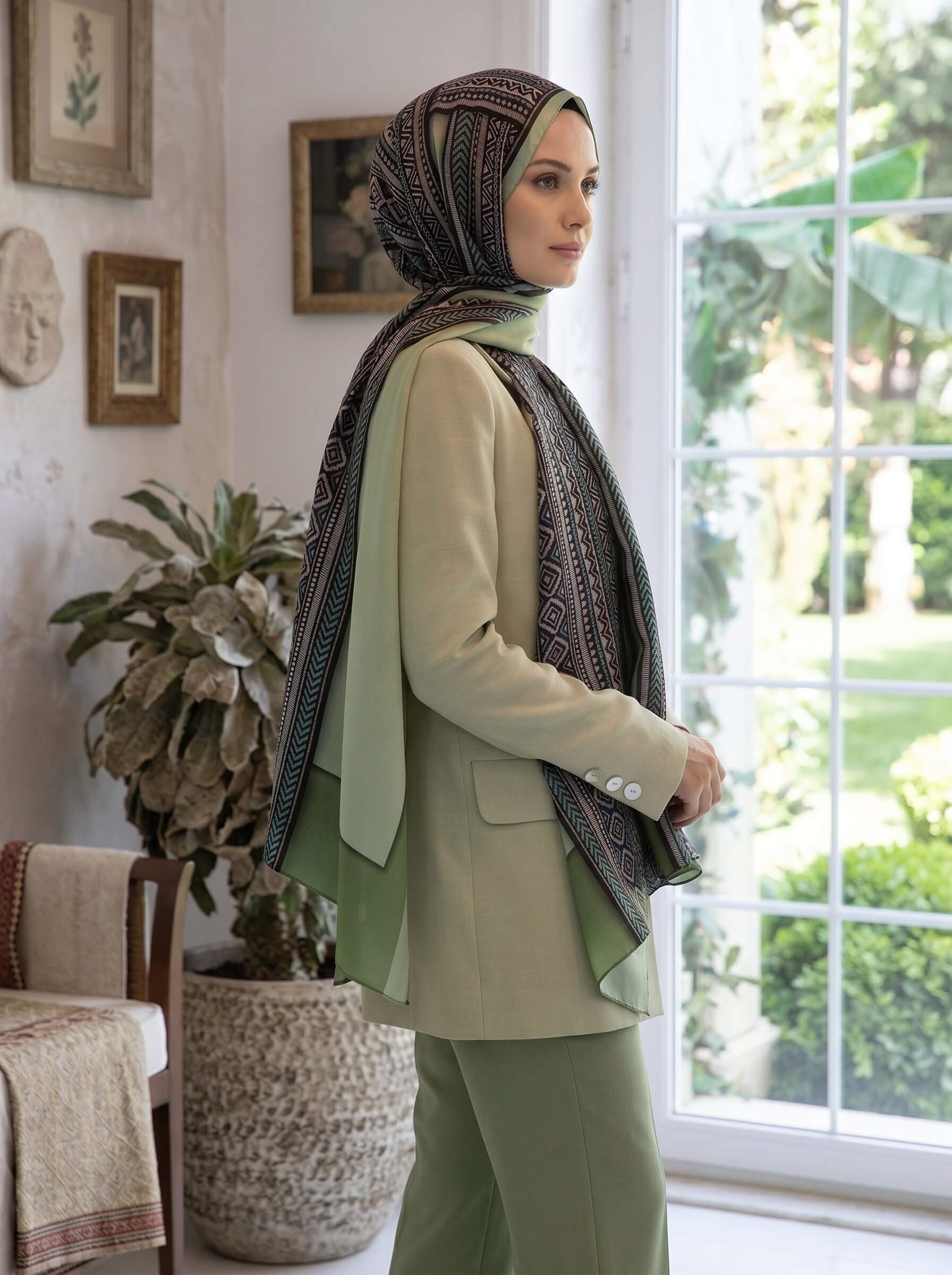 %100 Saf İpek Şal İnce Saten Vual Dokuma Etnik Desenli Haki Yeşili Renkli 90x210 Şal