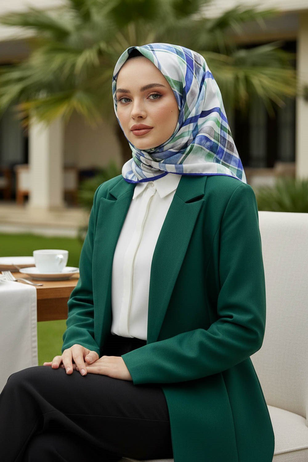 %100 Twill İpek Ekose Desenli Saks - Zümrüt Yeşili Renkli 90x90 Eşarp Kenar Dikiş Şekli El Dikişli