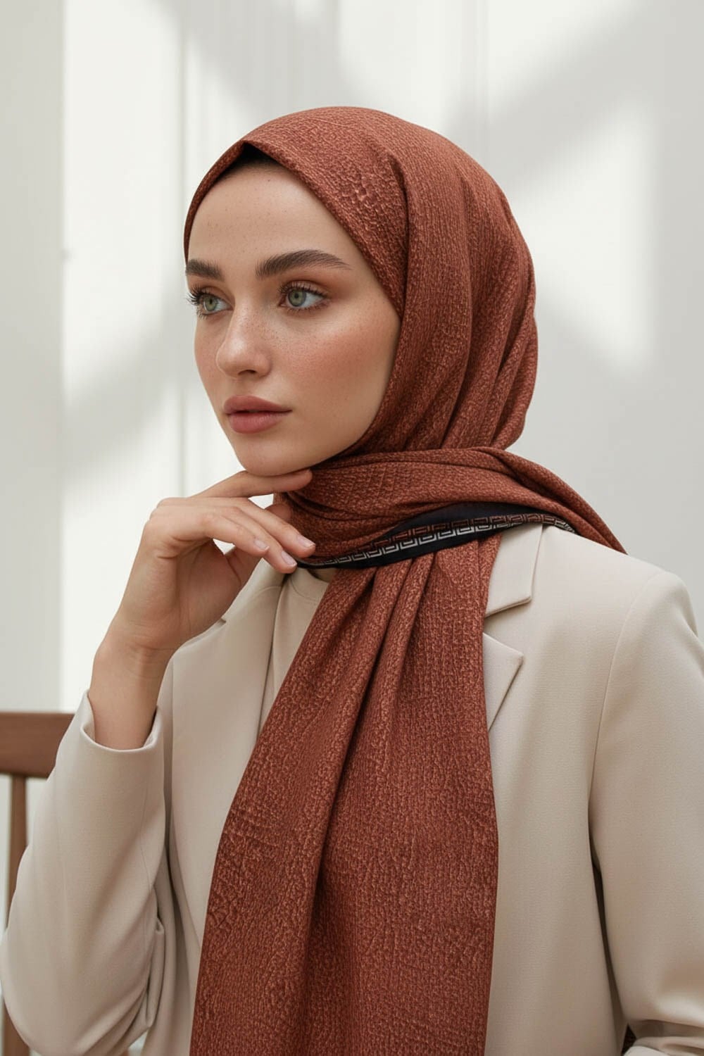 KREP DESENLİ TABA RENKLİ 75X195 KIRIŞMAZ ŞAL