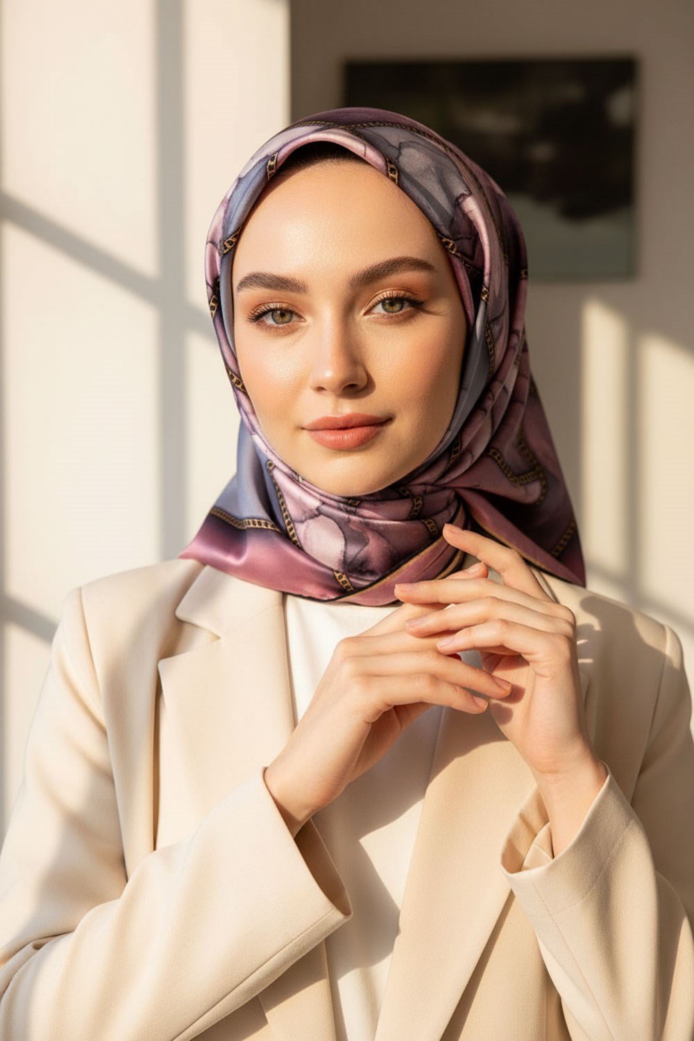 % 57 İPEK % 43 VİSKON Twill İpek Efektli Bant Desenli Lila - Gri Renkli 90x90 Eşarp Dikim Şekli : El Dikişi