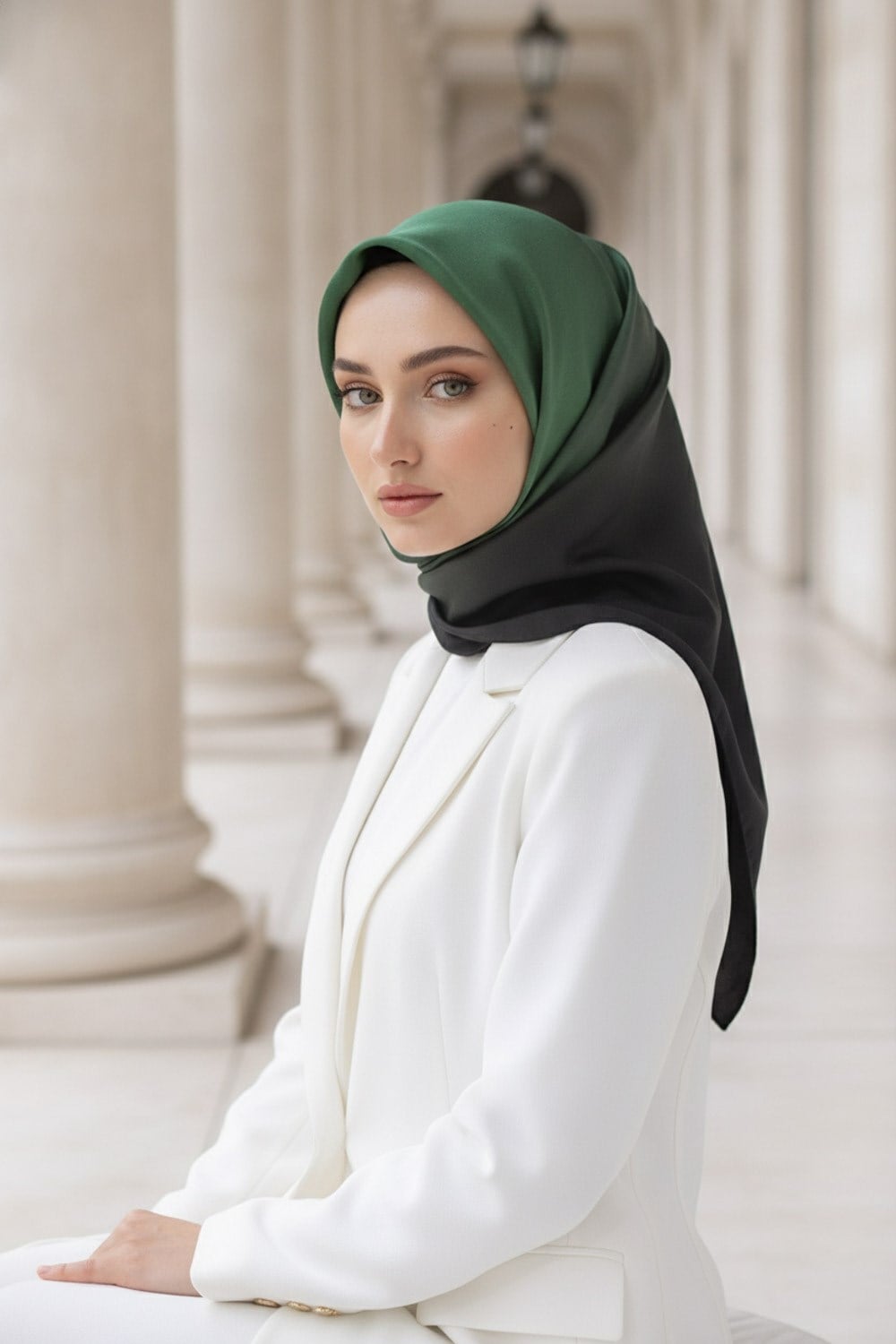 %100 Twill İpek Degrade Desenli Zümrüt Yeşili Renkli 90x90 Eşarp Dikim Şekli : El Dikişi