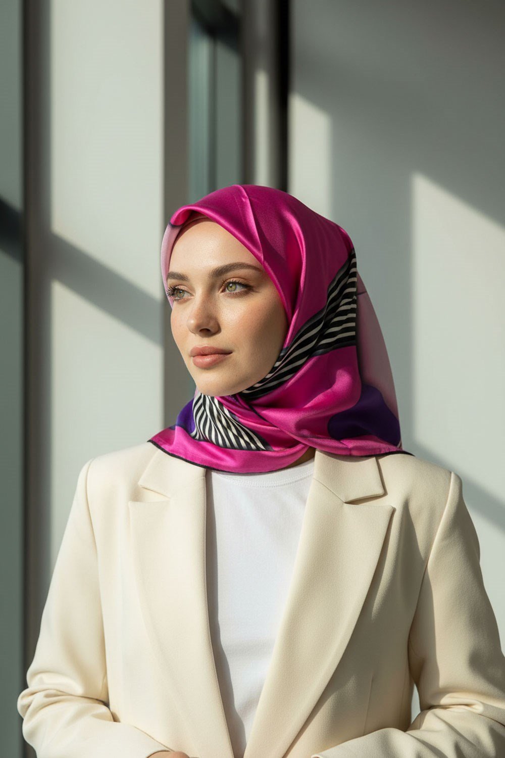 %100 Twill İpek Çizgili ve Geometrik Desenli Fuşya - Mor Renkli 90x90 Eşarp Dikim Şekli : El Dikişi