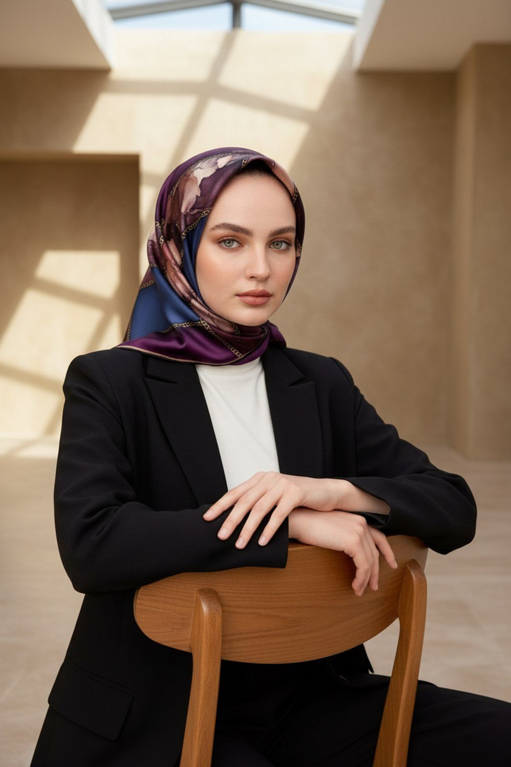 %100 Twill İpek Efektli Bant Desenli Mürdüm - İndigo Renkli 90x90 Eşarp Dikim Şekli : El Dikişi