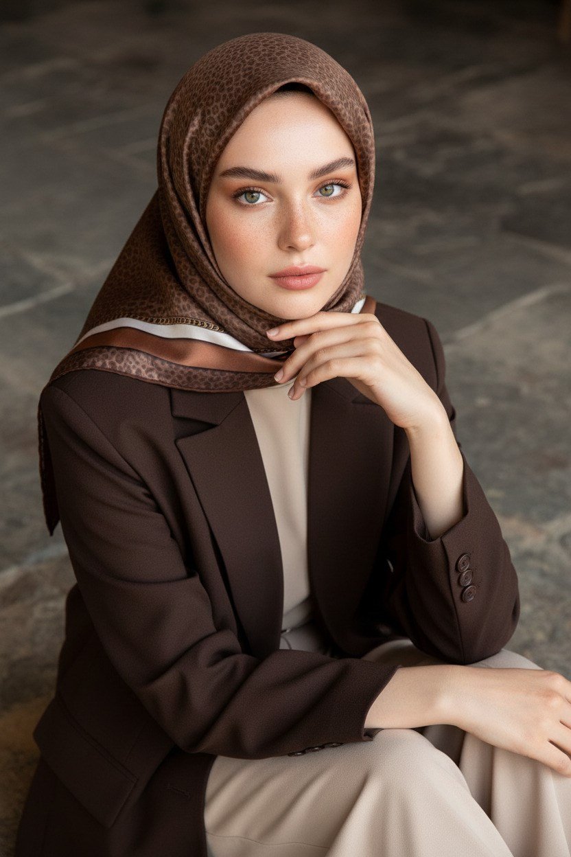 % 57 İPEK % 43 VİSKON Twill İpek Leopar Desenli Vizon Renkli 90x90 Eşarp Dikim Şekli : El Dikişi