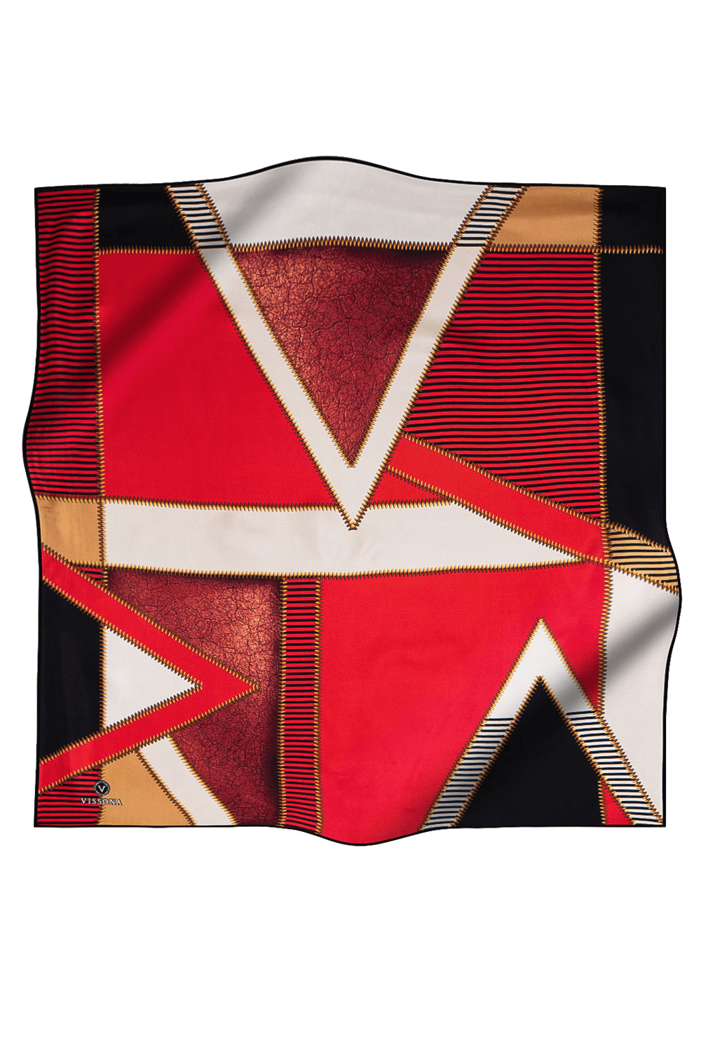 % 57 İPEK % 43 VİSKON Twill İpek Geometrik Desenli Kırmızı - Siyah Renkli 90x90 Eşarp Dikim Şekli : El Dikişi