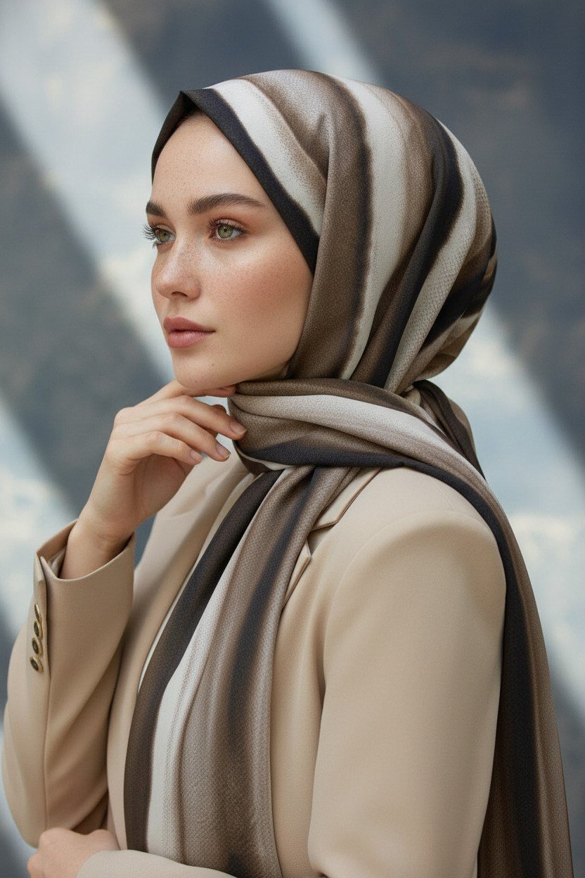 KREP SULU BOYA ÇİZGİLİ DESENLİ VİZON RENKLİ 75X195 KIRIŞMAZ ŞAL