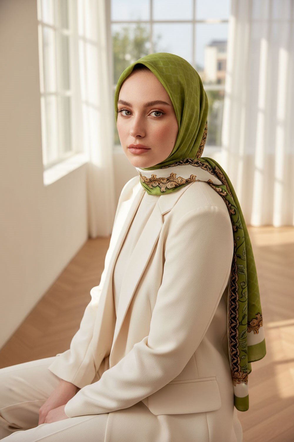 %100 Saf İpek Şal İnce Saten Vual Dokuma Yaprak Desenli Fıstık Yeşili - Gold Renkli 90x210 Şal