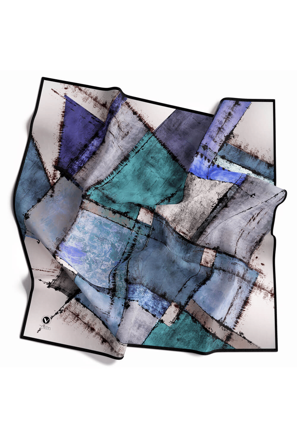 Twil Yamalı Ve Geometrik Desenli Saks Renkli 90x90 Eşarp (İpek İçermez) Dikim Şekli : El Dikişi