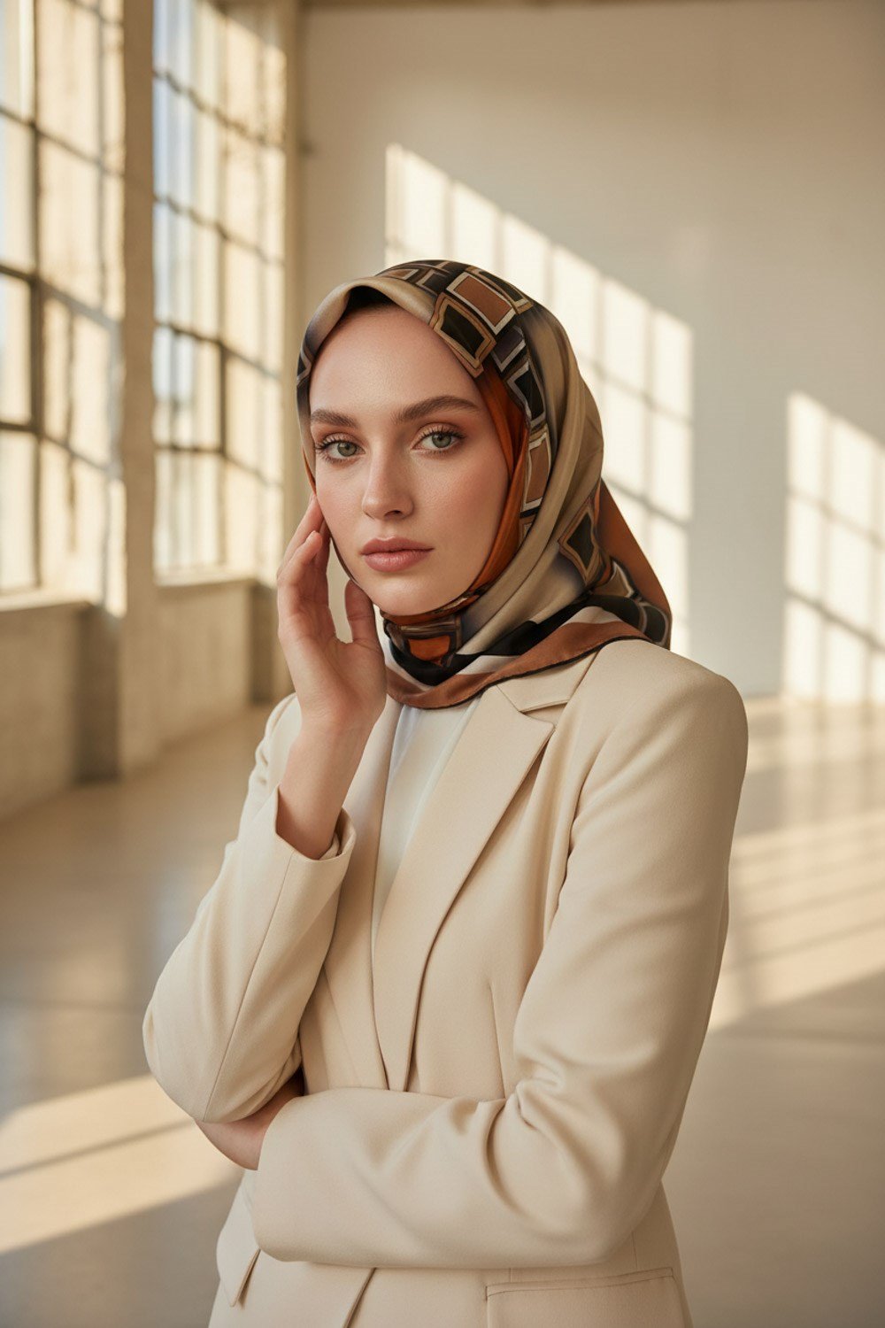 %100 Twill İpek Geometrik Desenli Taba - Krem Renkli 90x90 Eşarp Dikim Şekli : El Dikişi