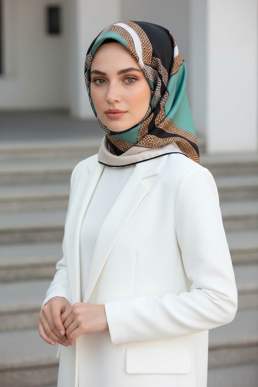 %100 Twill İpek Geometrik Desenli Siyah - Mint Yeşili Renkli 90x90 Eşarp Dikim Şekli : El Dikişi