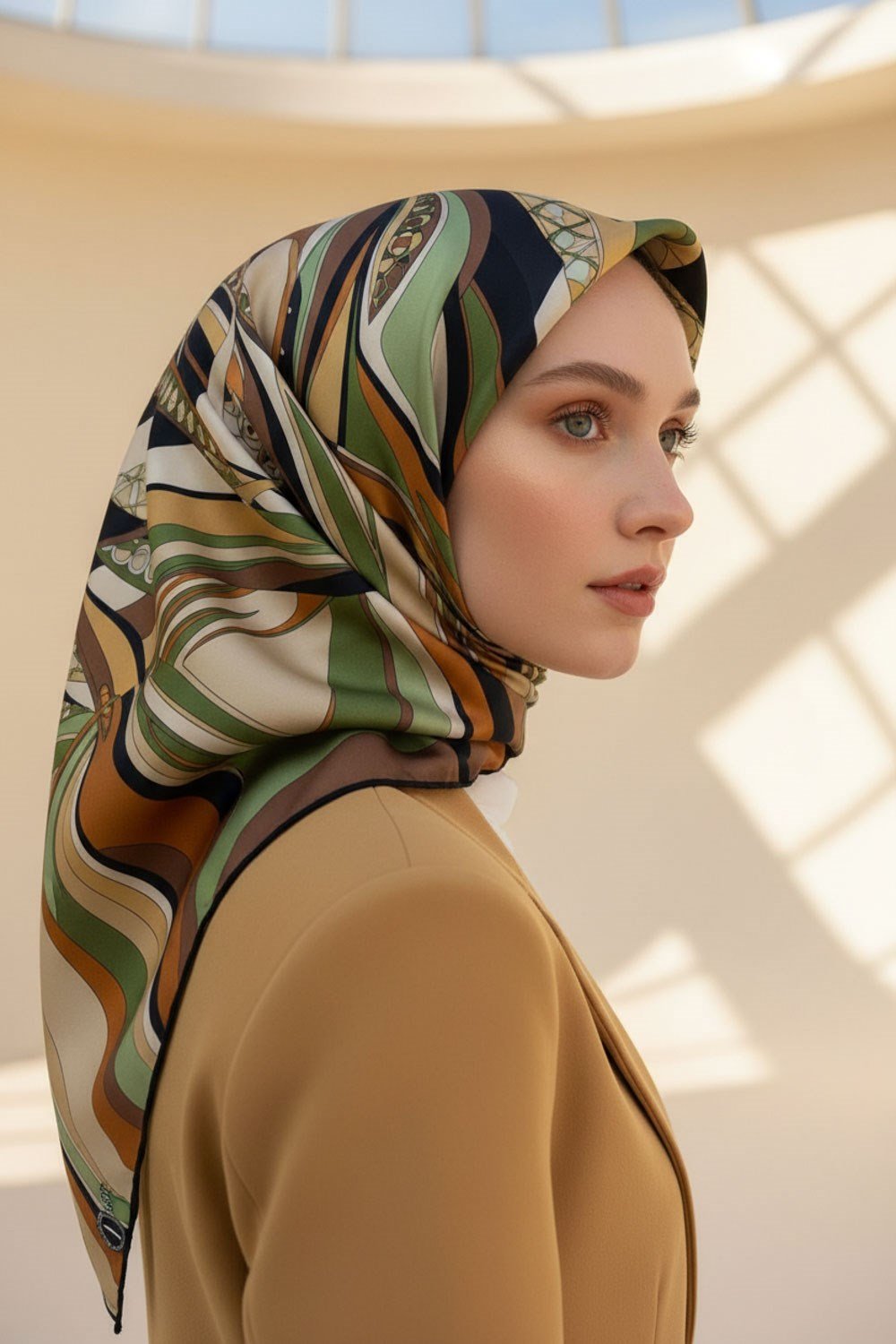 100% Twill Etnik Yaprak Desenli Haki Renkli 90x90 Dikim Şekli : El Dikişi Eşarp