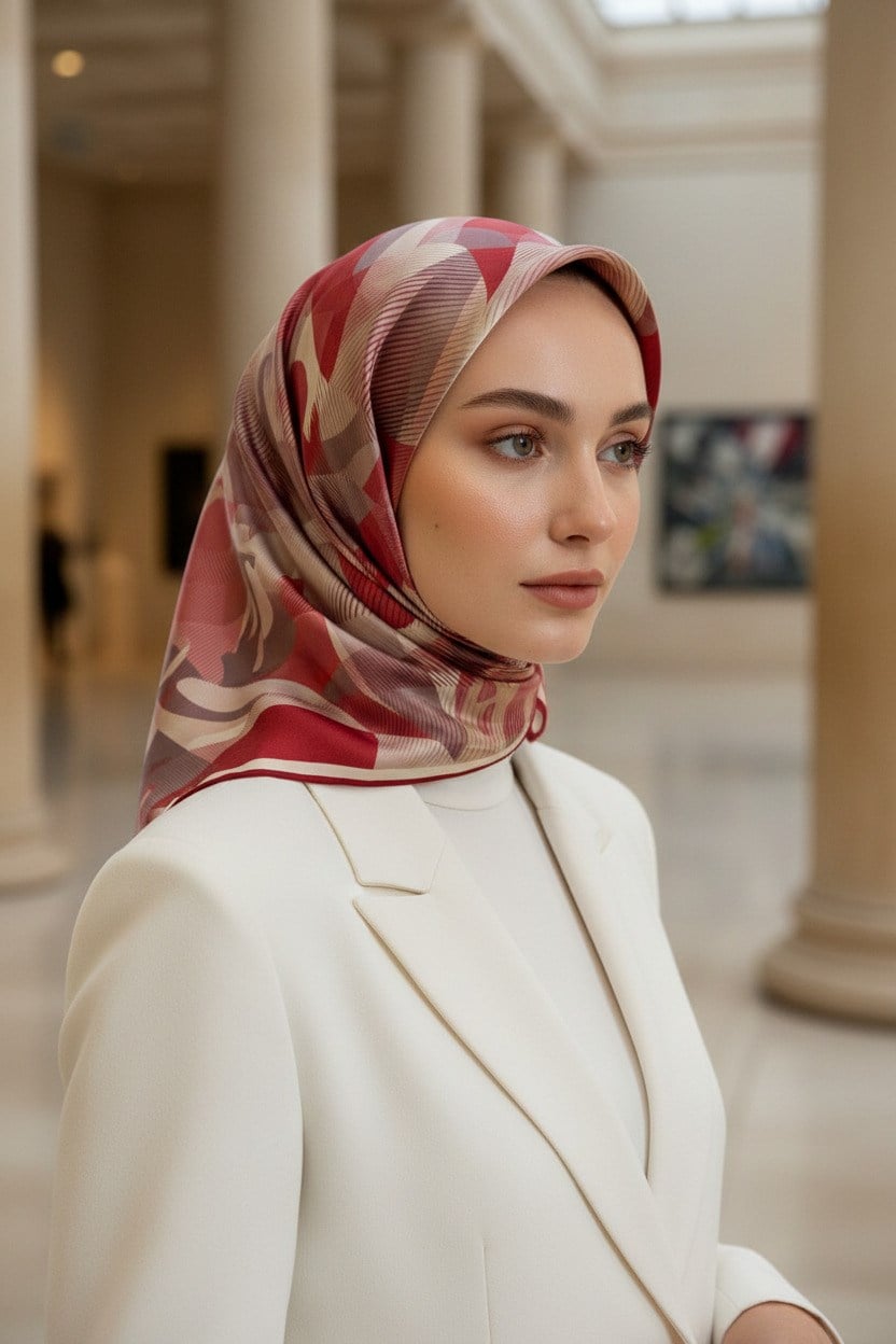 %100 Twill İpek Çiçek Desenli Bordo Renkli 90x90 Eşarp Dikim Şekli : El Dikişi