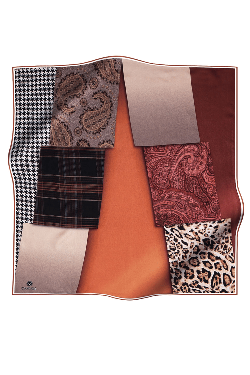 % 57 İPEK % 43 VİSKON Twill İpek Kazayaklı Ekoseli Leoparlı Ve Şal Desenli Taba - Bej Renkli 90x90 Eşarp Dikim Şekli : El Dikişi