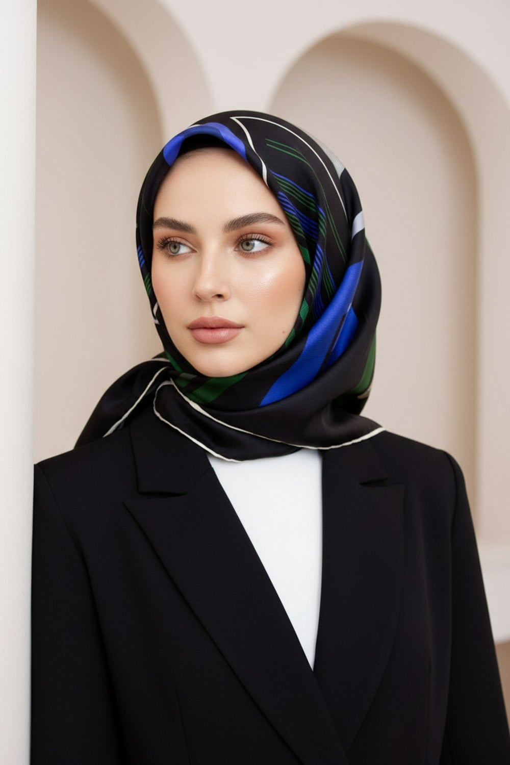 %100 Twill İpek Kare Desenli Zümrüt Yeşili - Saks Renkli 90x90 Eşarp Kenar Dikiş Şekli El Dikişli