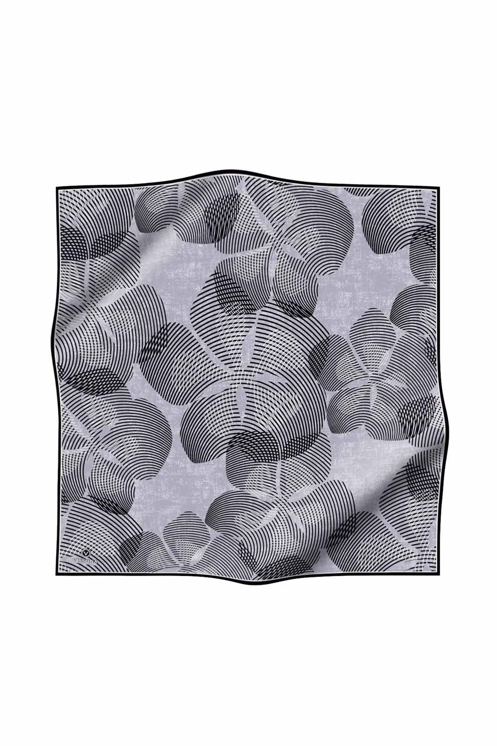 %100 Twill İpek Çizgili Çiçek Desenli Siyah - Gri Renkli 90x90 Eşarp Dikim Şekli : El Dikişi