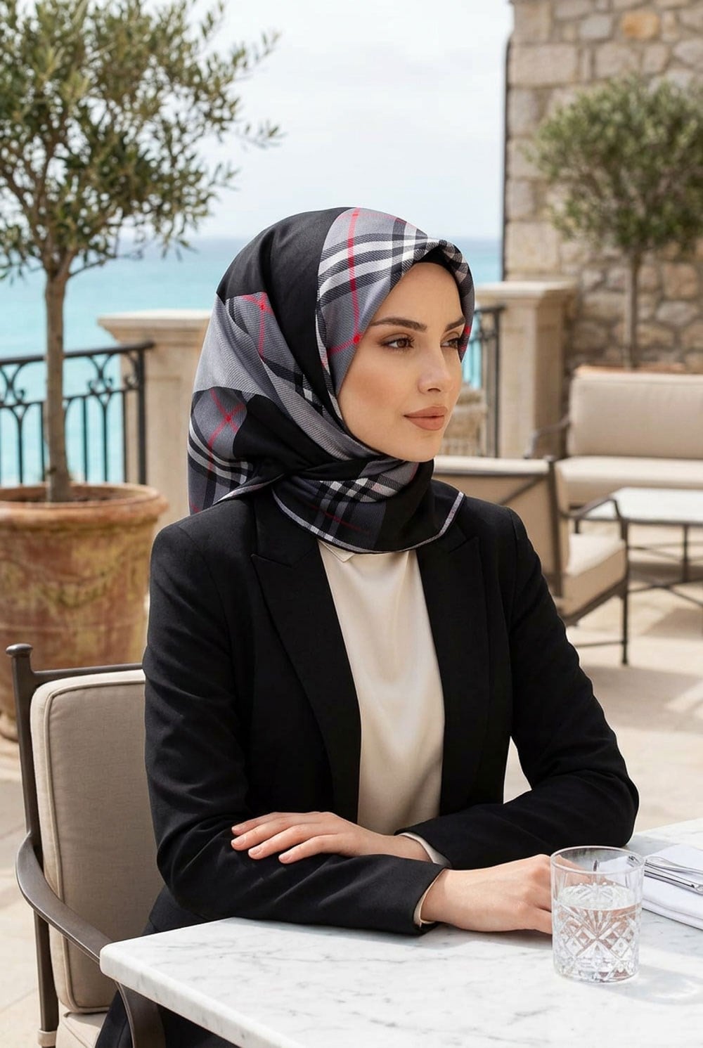 % 57 İPEK % 43 VİSKON Twill İpek Ekose Desenli Gri - Siyah Renkli 90x90 Eşarp Dikim Şekli : El Dikişi