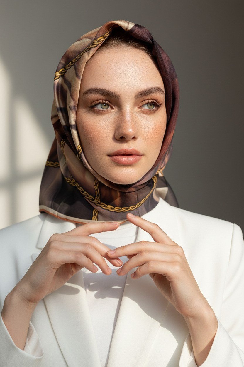 % 57 İPEK % 43 VİSKON Twill İpek Çiçek  Geometrik Desenli Taba Renkli 90x90 Eşarp Dikim Şekli : El Dikişi
