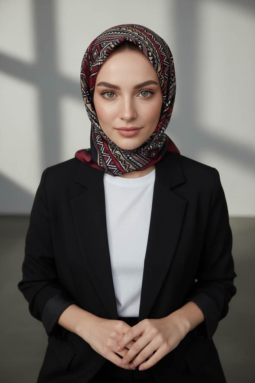 %100 Twill İpek Etnik Desenli Siyah - Bordo Renkli 90x90 Eşarp Dikim Şekli : El Dikişi