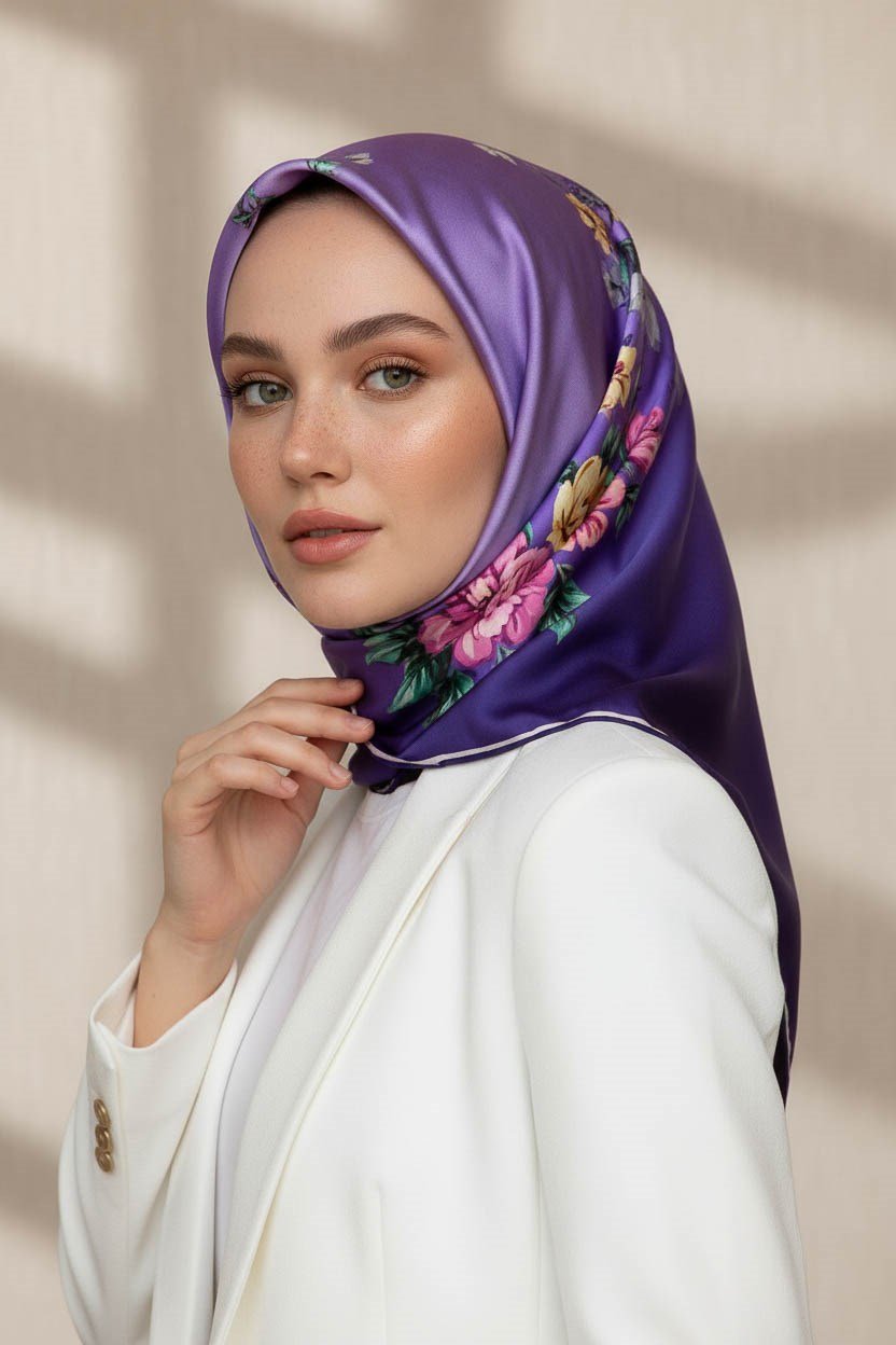 %100 Twill İpek Sonsuz Çiçek Desenli Lila Renkli 90x90 Eşarp Dikim Şekli : El Dikişi