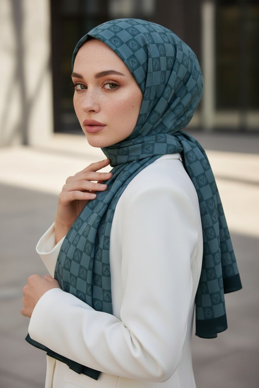 KREP MONOGRAM DESENLİ ZÜMRÜT YEŞİLİ RENKLİ 75X195 KIRIŞMAZ ŞAL
