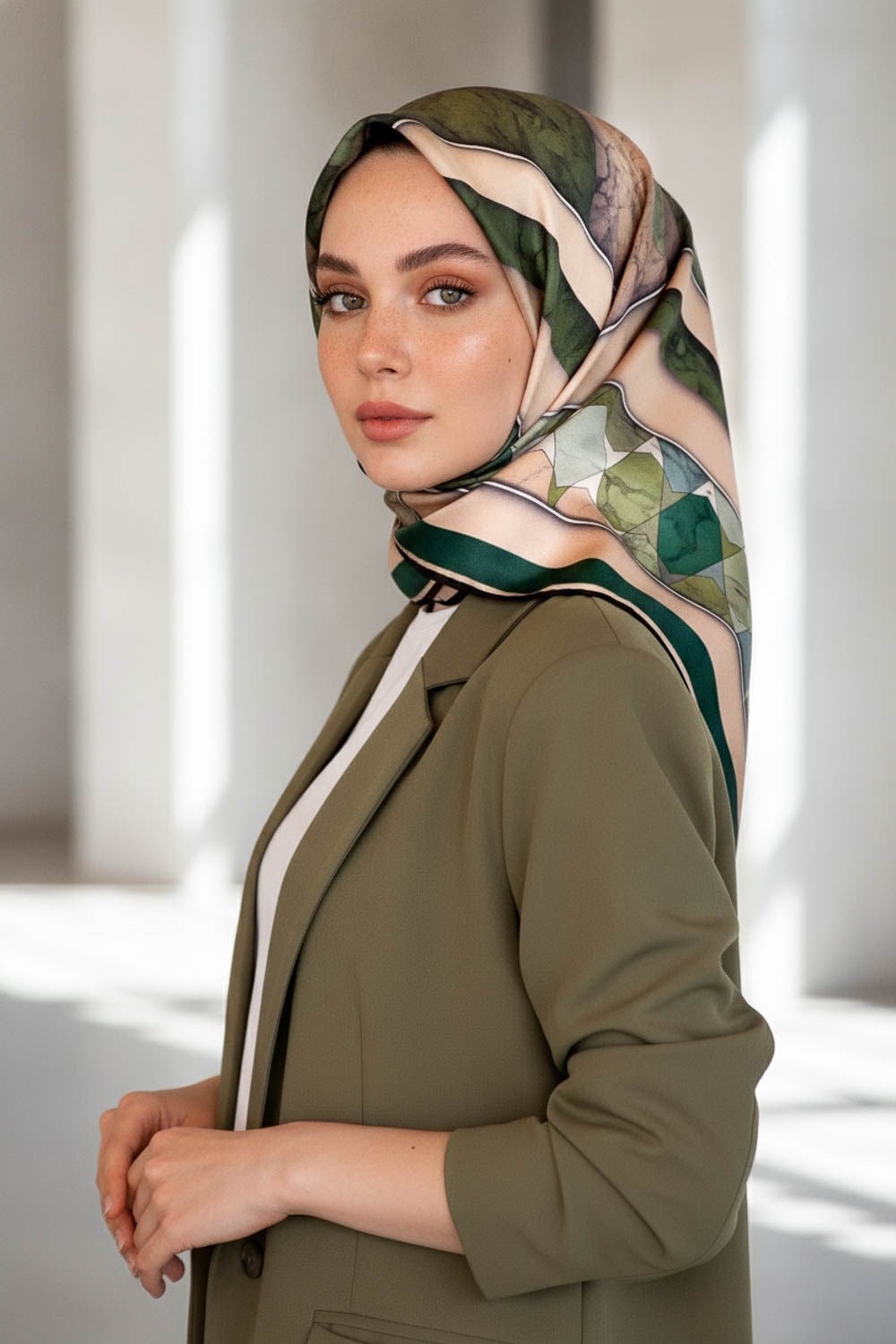 %100 Twill İpek Mermer Efektrli Geometrik Desenli Haki - Bej Renkli 90x90 Eşarp Dikim Şekli : El Dikişi