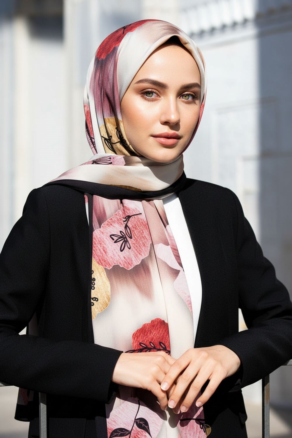 KREP FIRÇA DOKULU ÇİZGİ ÇİÇEK DESENLİ KREM - KIRMIZI RENKLİ 75X195 KIRIŞMAZ ŞAL