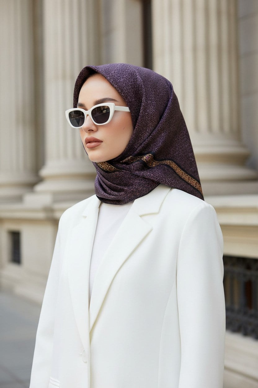 % 57 İPEK % 43 VİSKON Twill İpek Geometrik Desenli Gül Kurusu - Siyah Renkli 90x90 Eşarp Dikim Şekli : El Dikişi