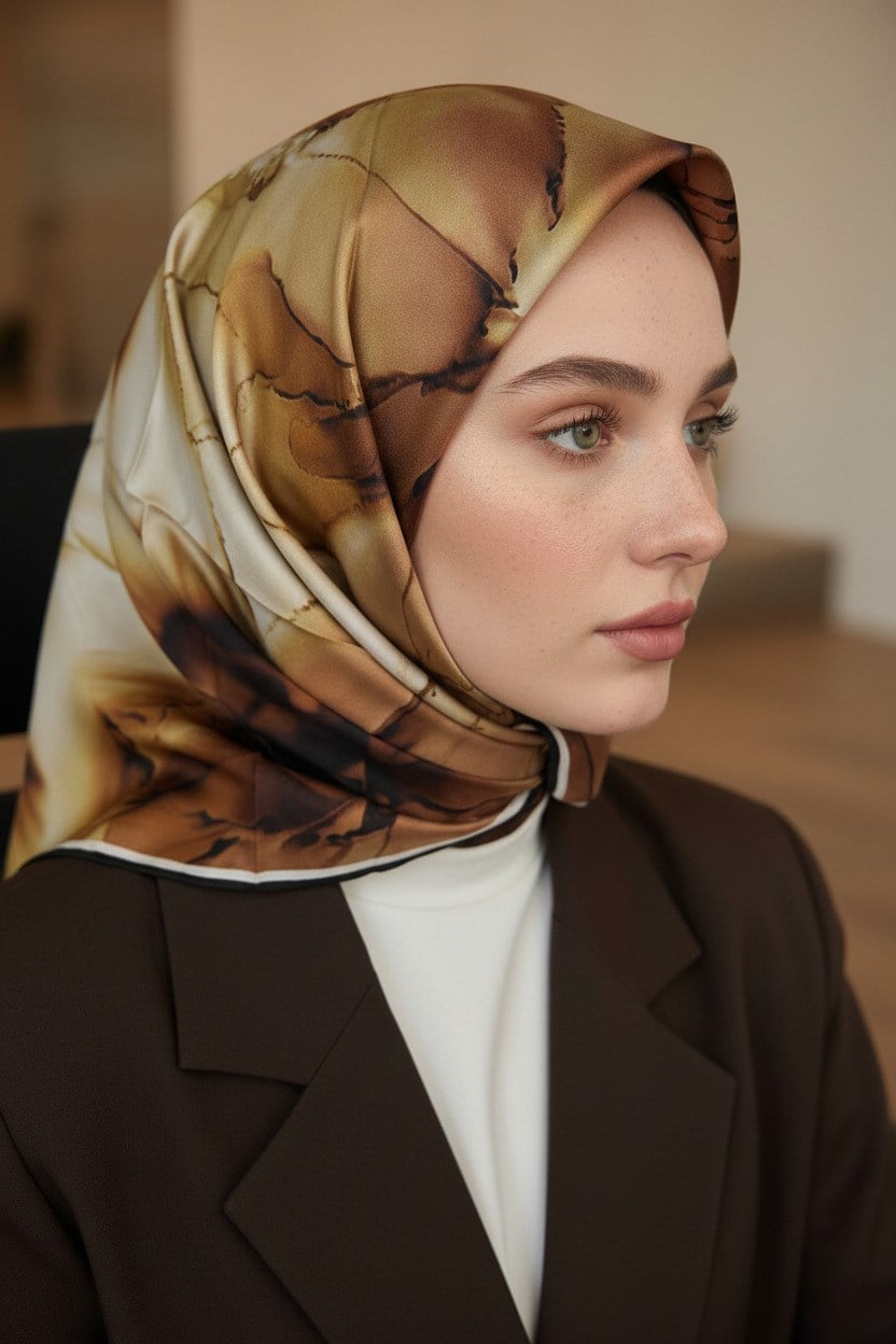 %100 Twill İpek Batik Çiçek Desenli Taba - Hardal Renkli 90x90 Eşarp Kenar Dikiş Şekli El Dikişli