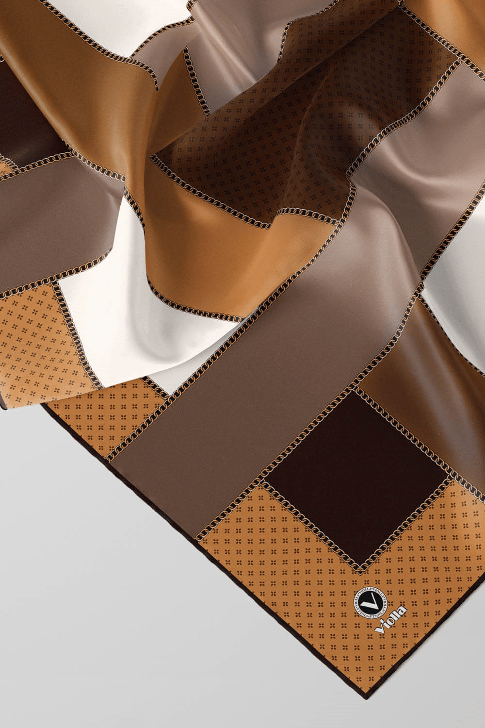 Twill Geometrik Desenli Kahverengi - Hardal Renkli 90x90 Eşarp (İpek İçermez) Kenar Dikiş Şekli El Dikişli