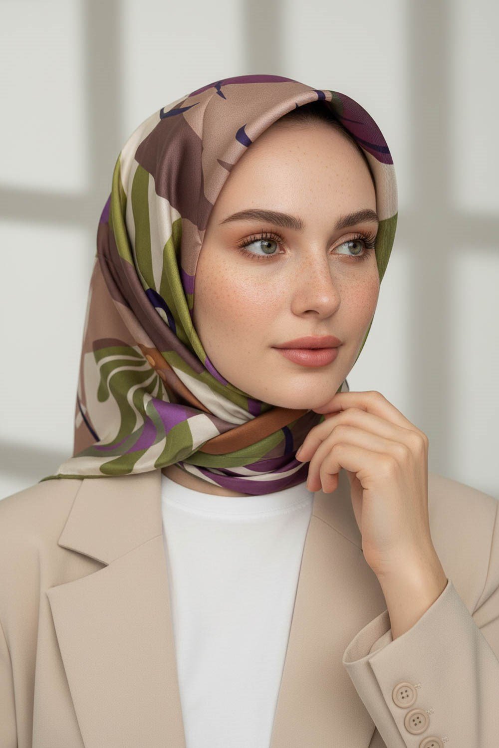 %100 Twill İpek Çiçek Desenli Haki - Mürdüm Renkli 90x90 Eşarp Dikim Şekli : El Dikişi