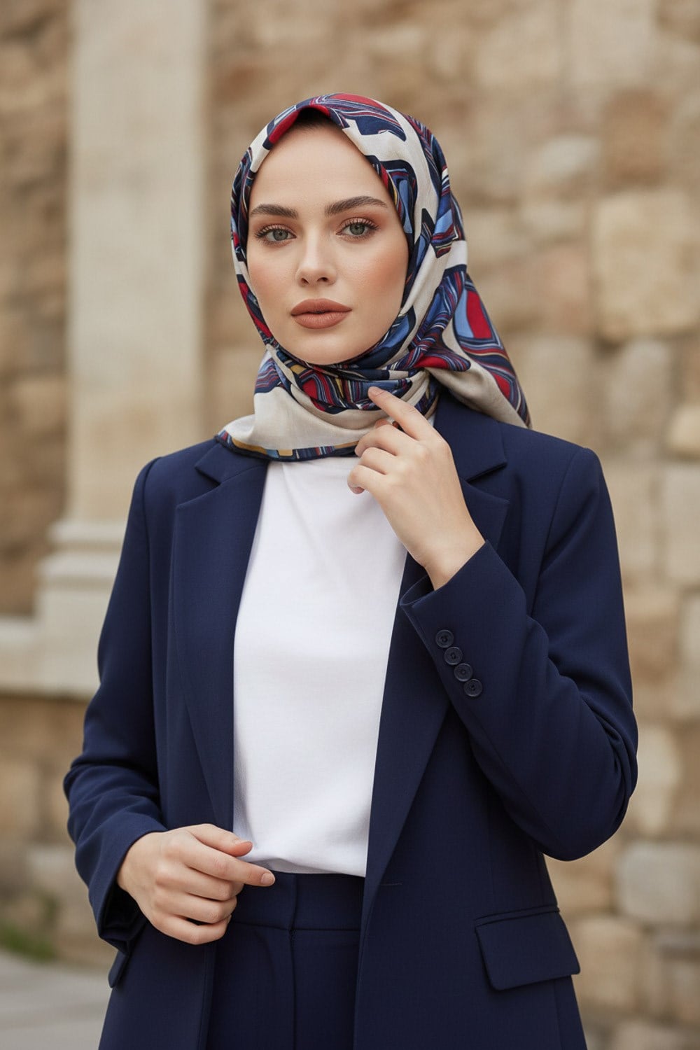 %100 Twill İpek Geometrik Kare Desenli Kırmızı - Lacivert Renkli 90x90 Eşarp Dikim Şekli : El Dikişi
