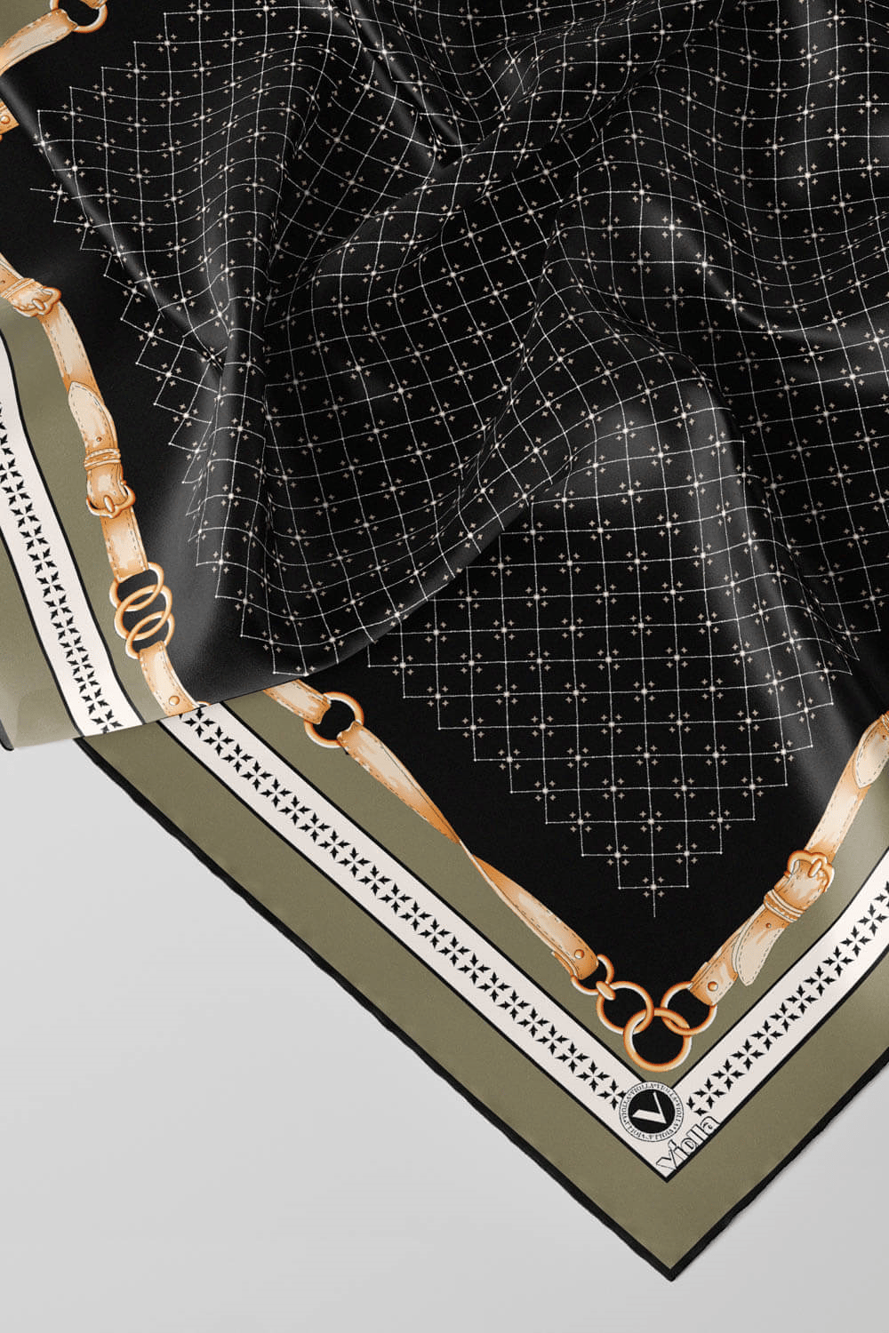 Twill Kemerli ve Çıtır Motifli Desenli Haki Renkli 90x90 Eşarp (İpek İçermez) Dikim Şekli : El Dikişi