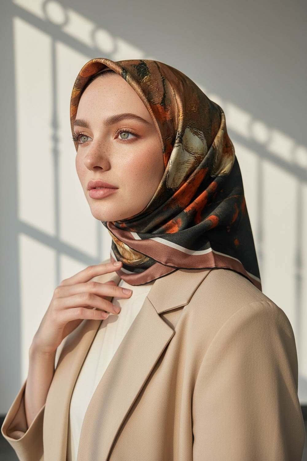 %100 Twill İpek Yağlı Boya Çiçek Desenli Taba - Petrol Yeşili Renkli 90x90 Eşarp Dikim Şekli : El Dikişi