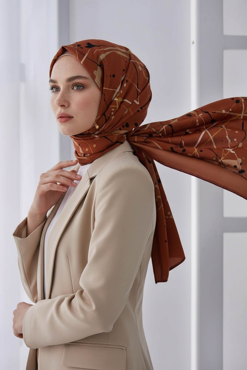 KREP BOYA DAMLASI DESENLİ TABA RENKLİ 75X195 KIRIŞMAZ ŞAL