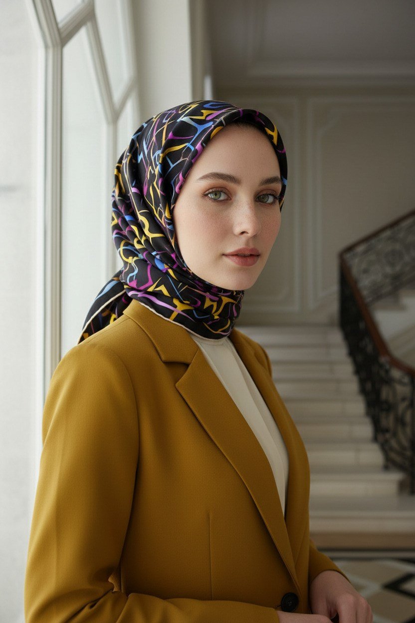 % 57 İPEK % 43 VİSKON Twill İpek Soyut Geometrik Desenli Sarı - Pembe Renkli 90x90 Eşarp Dikim Şekli : El Dikişi
