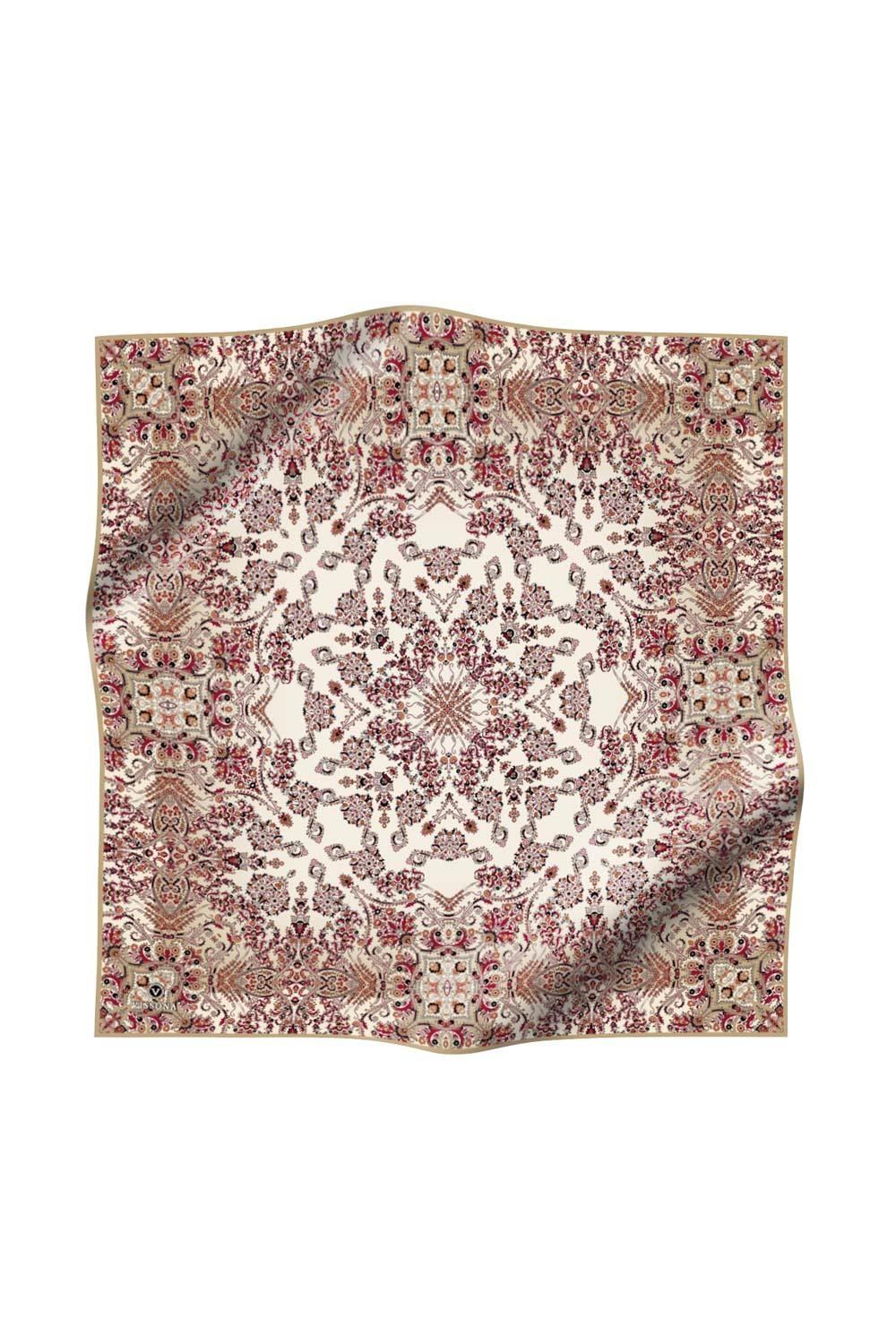 %100 Twill İpek Şal Desenli Krem Renkli 90x90 Eşarp Dikim Şekli : El Dikişi