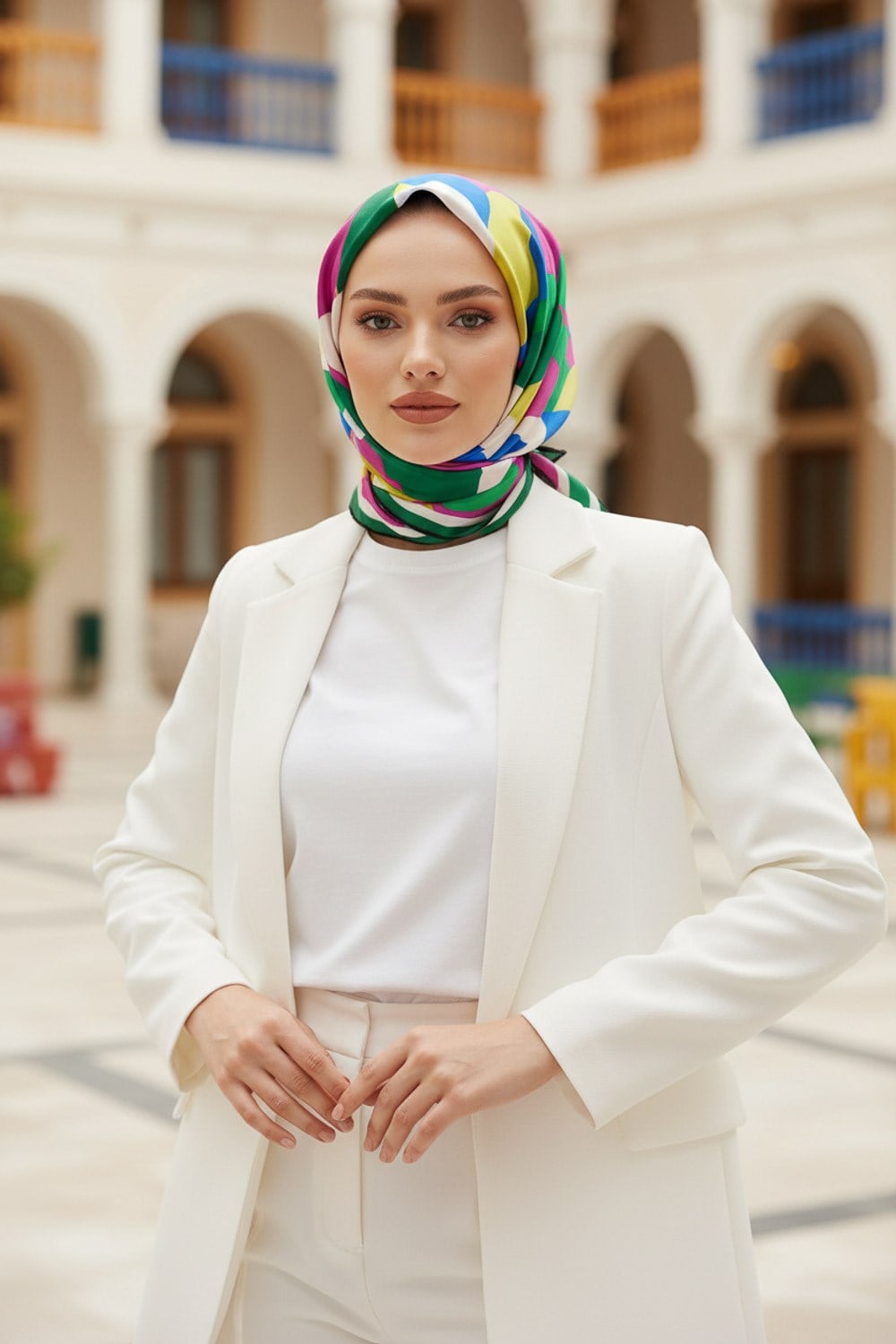 %100 Twill İpek Geometrik Desenli Fuşya - Zümrüt Yeşili Renkli 90x90 Eşarp Dikim Şekli : El Dikişi