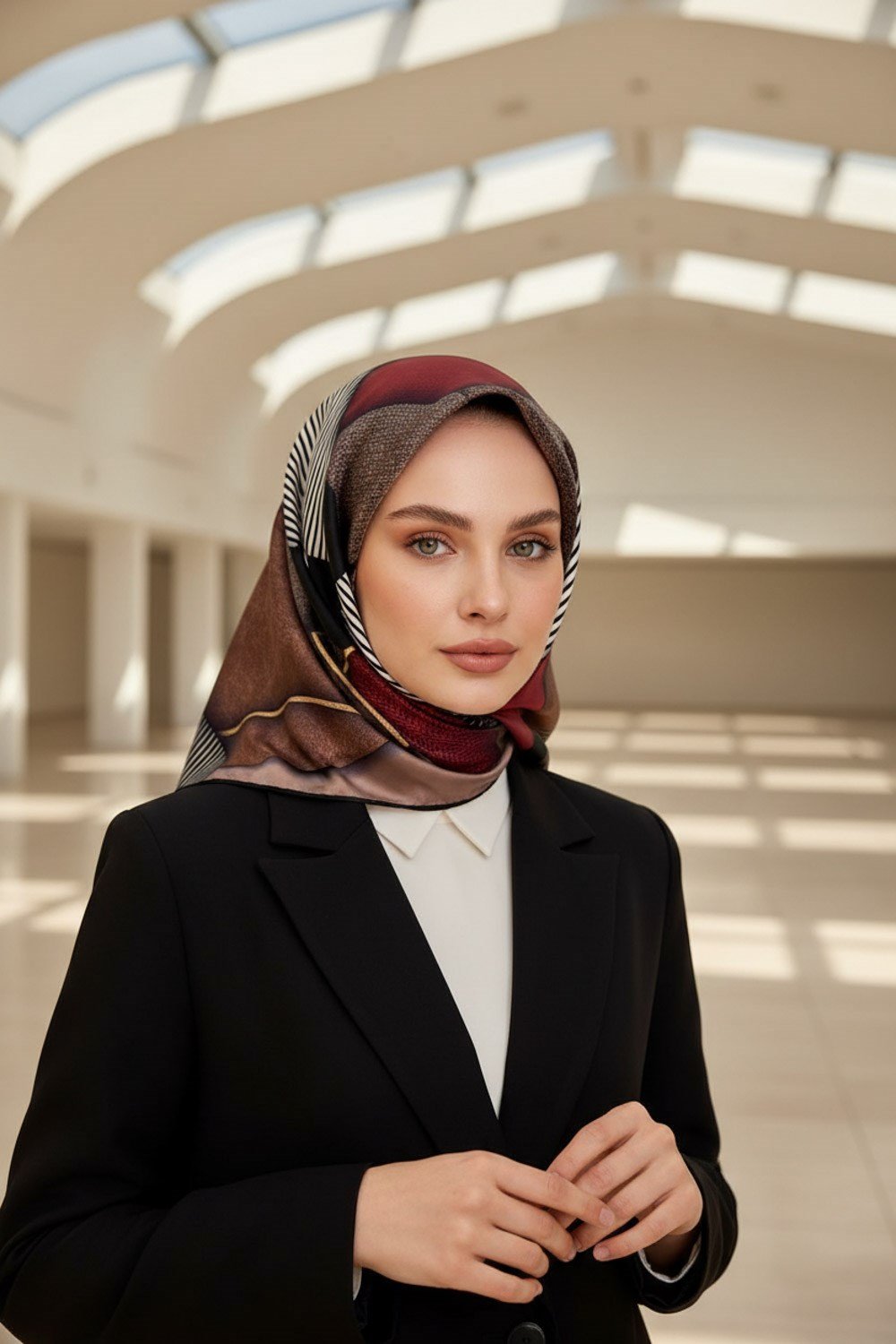 %100 Twill İpek Dokulu ve Geometrik Desenli Bordo - Bej Renkli 90x90 Eşarp Dikim Şekli : El Dikişi