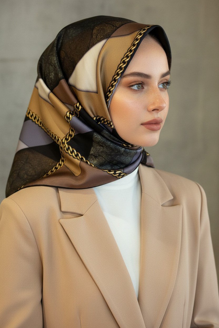 %100 Twill İpek Taş Efekti Desenli Gri - Siyah Renkli 90x90 Eşarp Dikim Şekli : El Dikişi