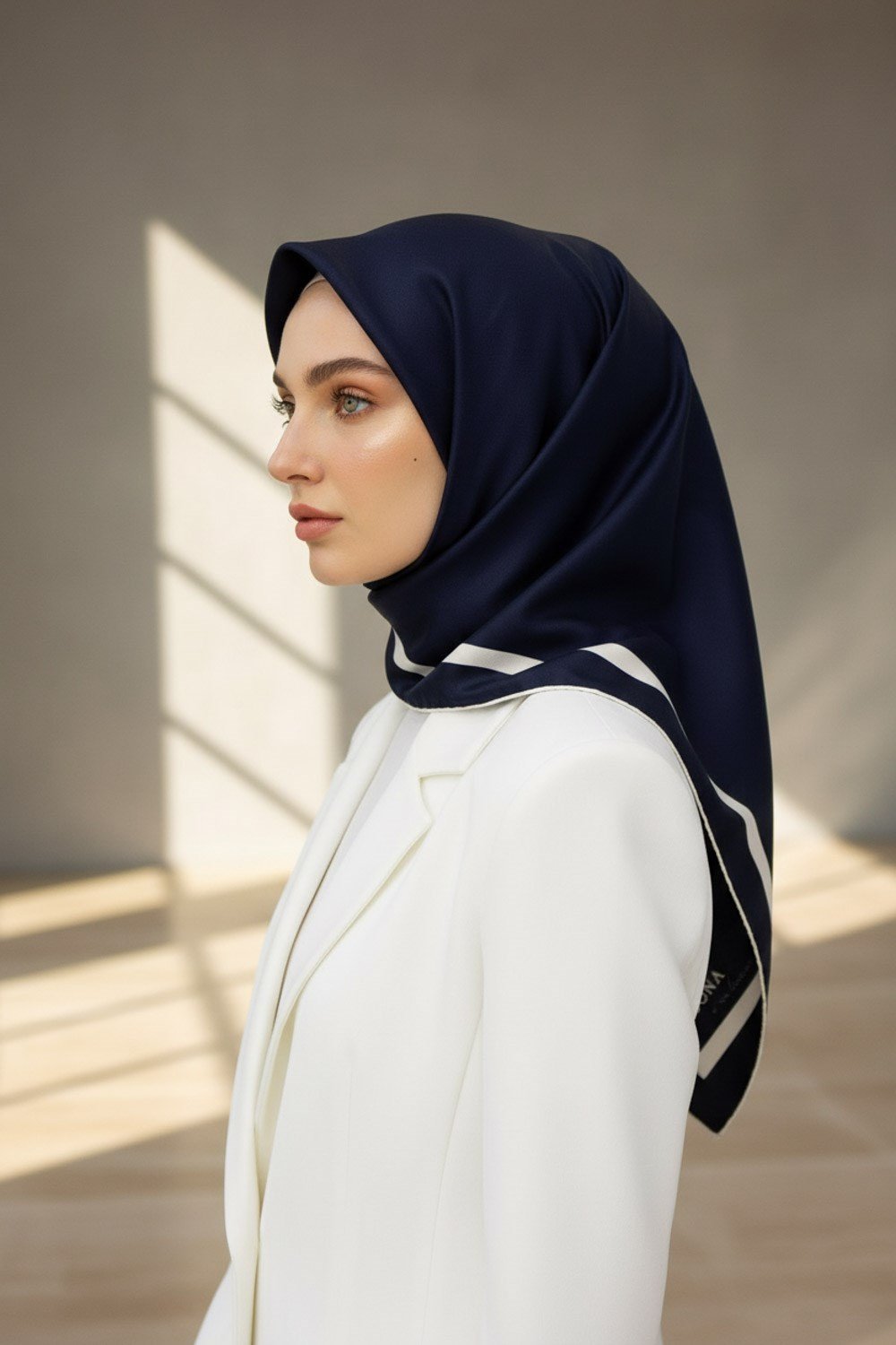100% Twill İpek Düz Renk Bordür Desenli Lacivert - Krem Renkli Daha Tok Exclusive Serisi 90x90 Dikim Şekli : El Dikişi Eşarp