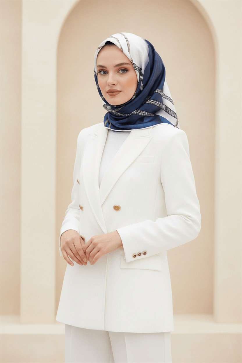 %100 Twill İpek Geometrik Desenli Petrol Yeşili - İndigo Renkli Renkli 90x90 Eşarp Dikim Şekli : El Dikişi